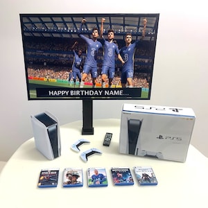 Topper torta di compleanno FIFA / PERSONALIZZATO / Pacchetto PS5 / Immagine personalizzata + Messaggio sulla TV / Bambini Adulti Adolescenti Torta di calcio Toppers