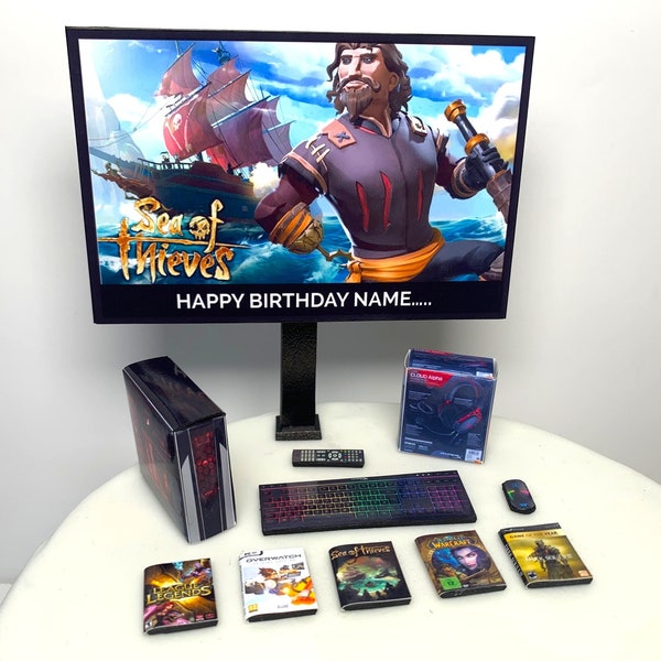 Gamers PC Birthday Cake Toppers | PERSONALISED Set | Custom Image + Message on the TV | Children Adults Teenagers Novelty Cake Toppers