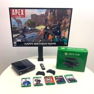 Gamers Cake Toppers personalizzati / Xbox One Bundle + Immagine personalizzata + Messaggio sulla TV / Bambini Adolescenti Giocatori Torta di compleanno Topper