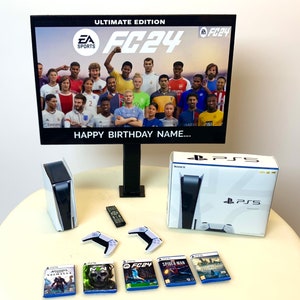Topper per torta di compleanno FIFA / PERSONALIZZATO / Pacchetto PS5 / Immagine personalizzata + Messaggio sulla TV / Toppers per torta di calcio per bambini e adulti