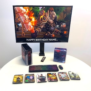 Gaming PC Birthday Cake Toppers / Pacchetto PERSONALIZZATO / Immagine personalizzata + Messaggio sulla TV / Bambini Adulti Adolescenti Novità Cake Toppers