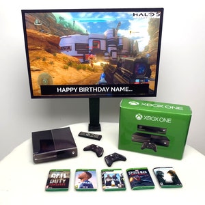 Cake Topper personalizzato / Xbox One Bundle + Immagine personalizzata + Messaggio sulla TV / HALO Birthday Cake Toppers