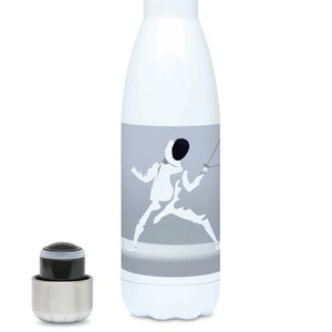 Fencing water bottle gift to personalise for a fencer or fencing coach for a fencing birthday gift or fencing christmas gift in white