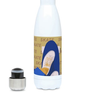 Yellow blue Skate insulated water bottle to personalise for a skater or skating coach or skate Christmas gift or skateboard birthday gift