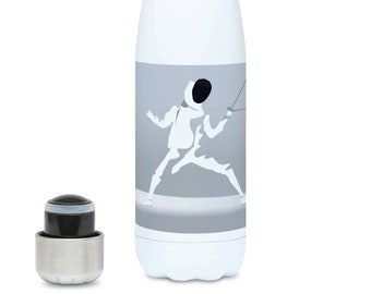 Fencing water bottle gift to personalise for a fencer or fencing coach for a fencing birthday gift or fencing christmas gift in white