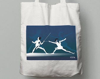 Fencing tote bag gift in blue for a fencer or fencing coach for a fencing birthday gift or fencing christmas gift