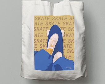 Skateboard tote bag gift in yellow blue for skateboarder skateboard birthday gift or skateboard christmas gift or skate friend