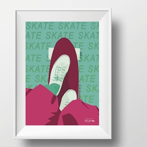Skateboard poster gift illustration in green red for skateboarder skateboard birthday gift or skateboard christmas gift or skate print art
