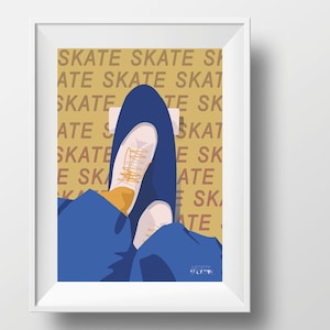 Skateboard poster gift illustration in yellow blue for skateboarder skateboard birthday gift or skateboard christmas gift or skate print art image 1