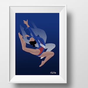 Gymnastics poster gift illustration in blue for gymnast or gym coach or gym christmas or birthday gift or Simone Biles fan or gym print art image 1