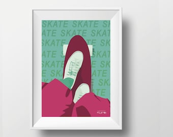 Skateboard poster gift illustration in green red for skateboarder skateboard birthday gift or skateboard christmas gift or skate print art