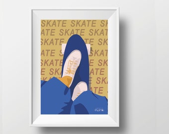Skateboard poster gift illustration in yellow blue for skateboarder skateboard birthday gift or skateboard christmas gift or skate print art
