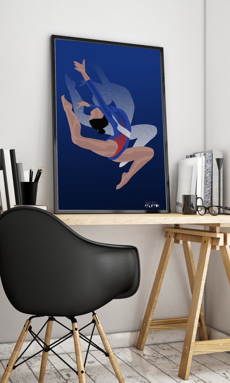 Gymnastics poster gift illustration in blue for gymnast or gym coach or gym christmas or birthday gift or Simone Biles fan or gym print art image 4