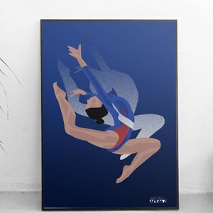 Gymnastics poster gift illustration in blue for gymnast or gym coach or gym christmas or birthday gift or Simone Biles fan or gym print art image 6