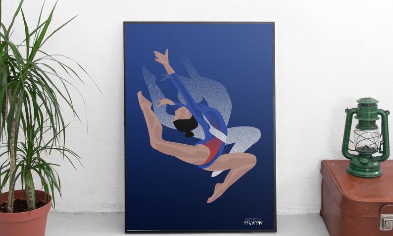 Gymnastics poster gift illustration in blue for gymnast or gym coach or gym christmas or birthday gift or Simone Biles fan or gym print art image 6