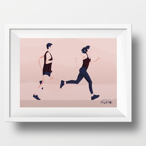Pareja corriendo ilustración de regalo de póster para una pareja de corredores o corredores o entrenadores de carreras o corriendo arte impreso de regalo de Navidad o cumpleaños