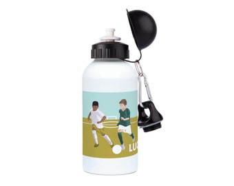 Football 2 boys playing football  aluminium water bottle to personalise for football gift or teen birthday gift or christmas gift