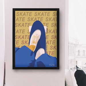 Skateboard poster gift illustration in yellow blue for skateboarder skateboard birthday gift or skateboard christmas gift or skate print art image 6