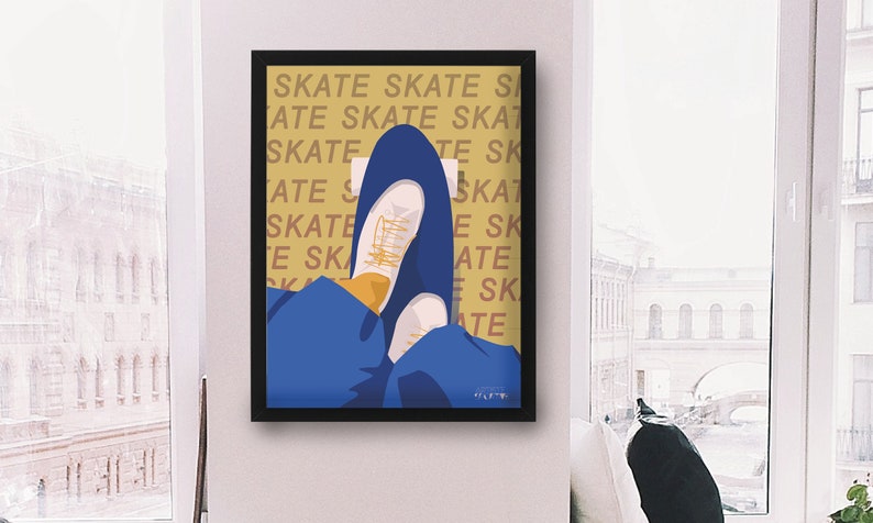 Skateboard poster gift illustration in yellow blue for skateboarder skateboard birthday gift or skateboard christmas gift or skate print art image 6