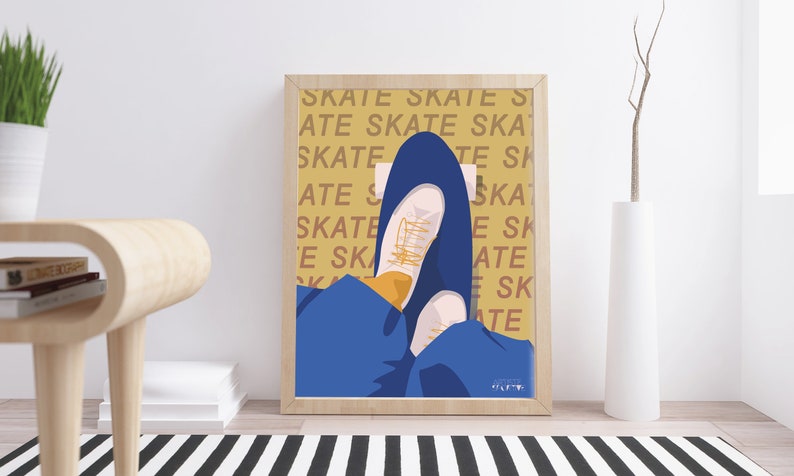 Skateboard poster gift illustration in yellow blue for skateboarder skateboard birthday gift or skateboard christmas gift or skate print art image 4