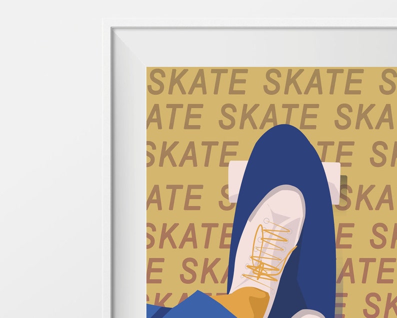 Skateboard poster gift illustration in yellow blue for skateboarder skateboard birthday gift or skateboard christmas gift or skate print art image 2