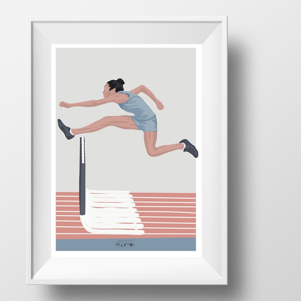 Woman jump hurdle poster illustration for female athlete or athletics coach or athletics christmas or birthday gift athlete print art