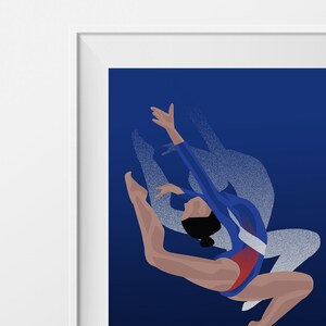 Gymnastics poster gift illustration in blue for gymnast or gym coach or gym christmas or birthday gift or Simone Biles fan or gym print art image 2