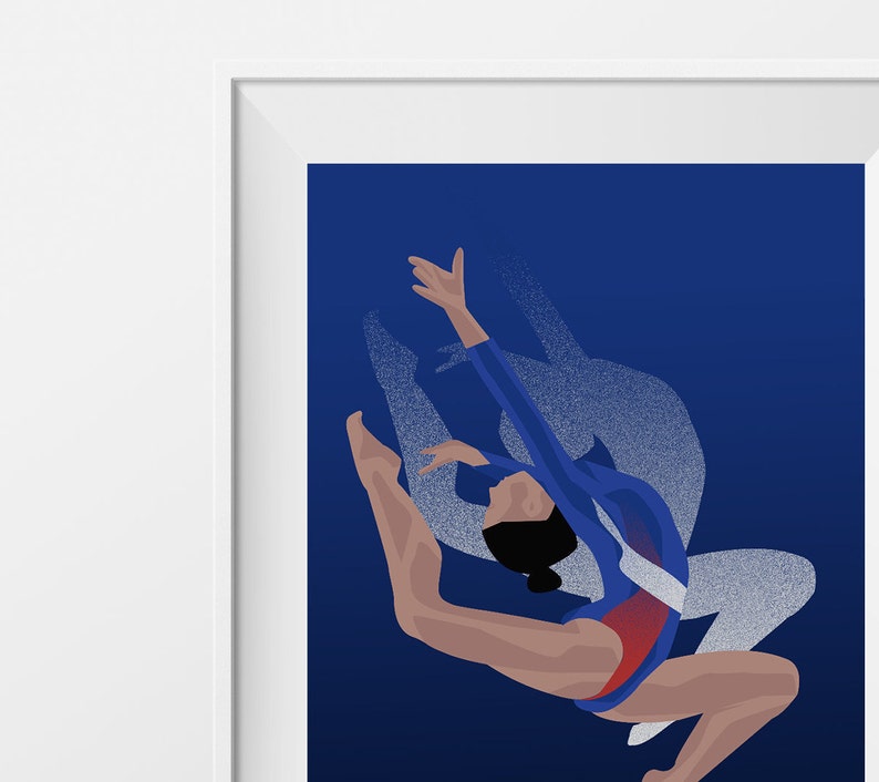 Gymnastics poster gift illustration in blue for gymnast or gym coach or gym christmas or birthday gift or Simone Biles fan or gym print art image 2