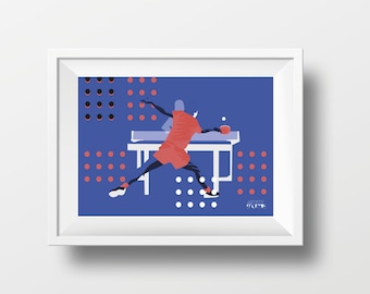 Könnte beinhalten: Eine digitale Illustration einer Person, die Tischtennis spielt. Die Person trägt ein rotes Shirt und rote Shorts und ist im Schwung. Der Tischtennistisch ist weiß und der Hintergrund ist blau mit roten und schwarzen Punkten.