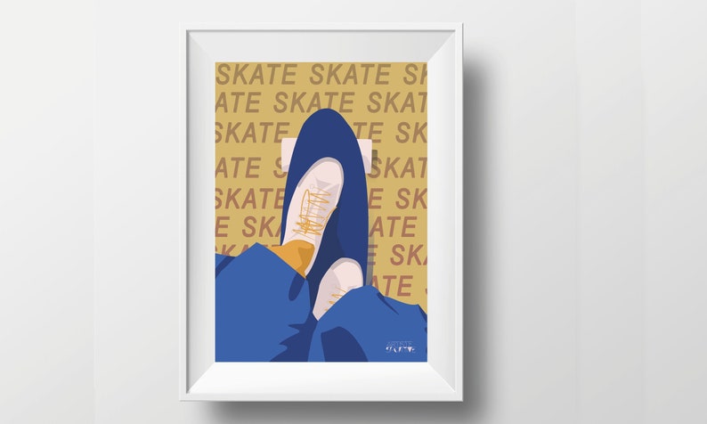 Skateboard poster gift illustration in yellow blue for skateboarder skateboard birthday gift or skateboard christmas gift or skate print art image 1