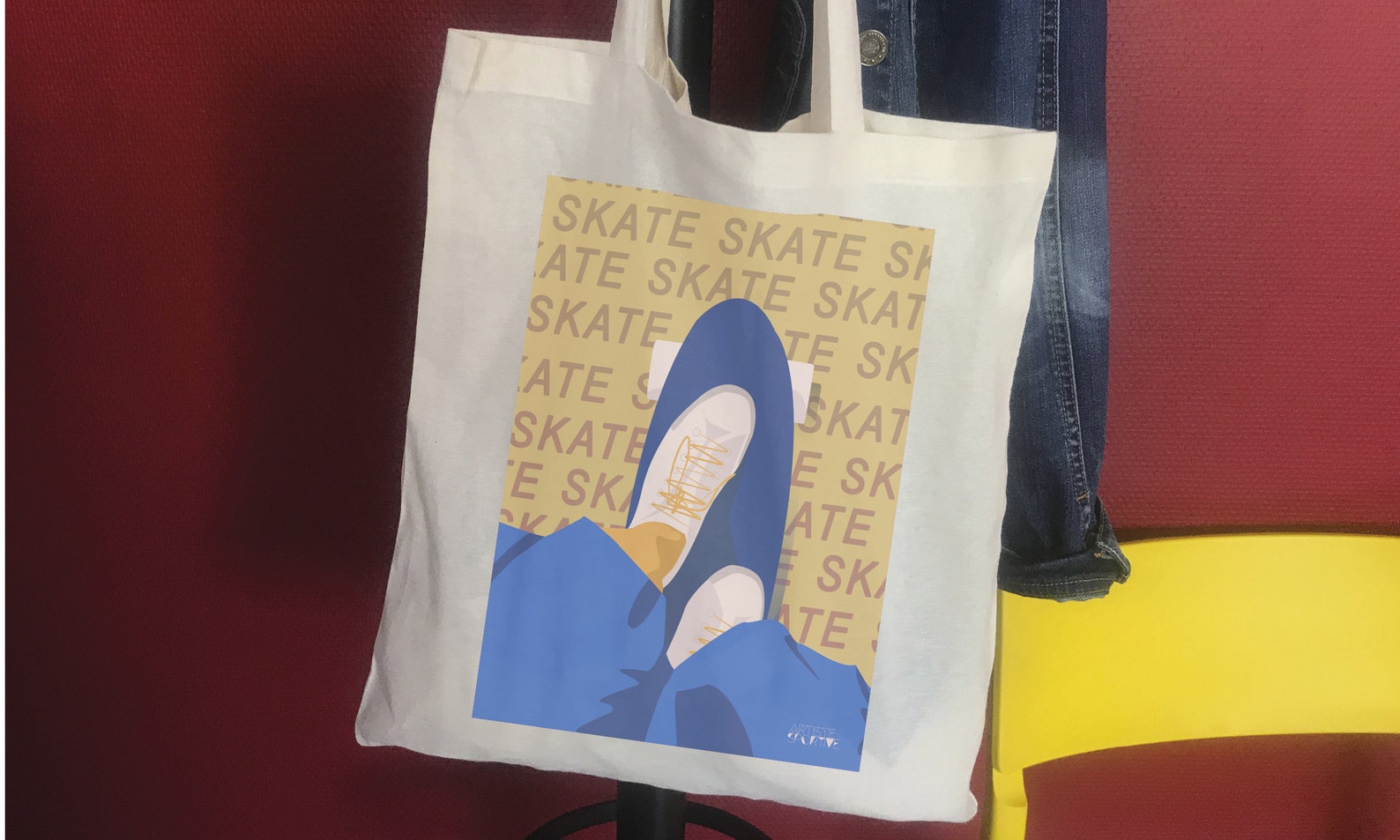 Skateboard Tote Bag Gift in Yellow Blue for Skateboarder Etsy