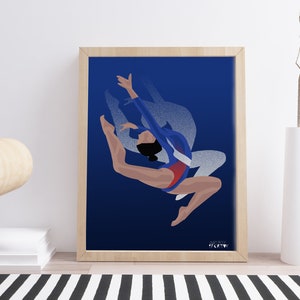 Gymnastics poster gift illustration in blue for gymnast or gym coach or gym christmas or birthday gift or Simone Biles fan or gym print art image 7