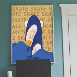 Skateboard poster gift illustration in yellow blue for skateboarder skateboard birthday gift or skateboard christmas gift or skate print art image 5