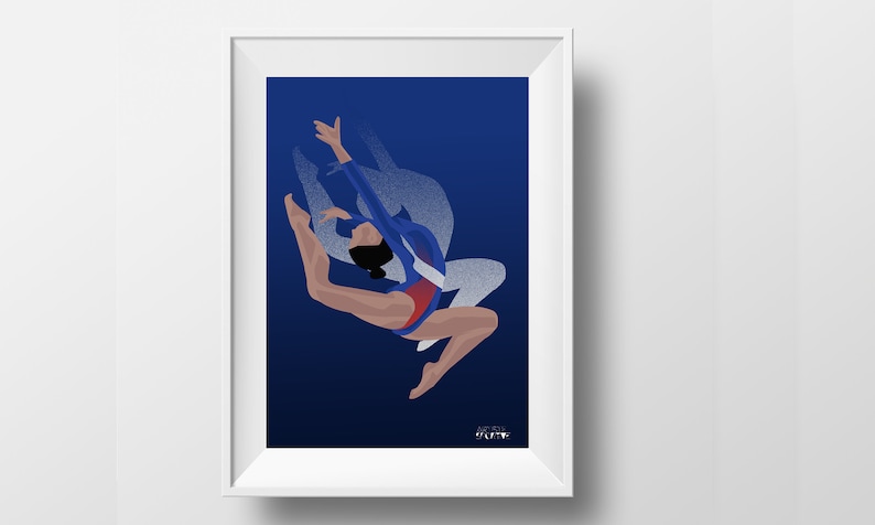 Gymnastics poster gift illustration in blue for gymnast or gym coach or gym christmas or birthday gift or Simone Biles fan or gym print art image 1