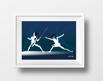 Fencing poster gift illustration in blue for a fencer or fencing coach for a fencing birthday gift or christmas gift or fencing print art