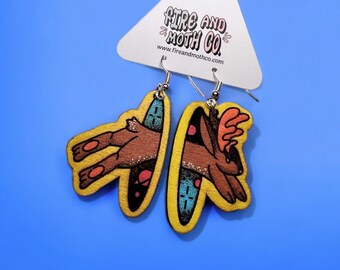 Jackalope Earrings, Tattoo Inspired Earrings, Laser Cut Earrings, Wood Earrings, Traditional Tattoo Art, Painted Wood Earrings, Tattoo Art