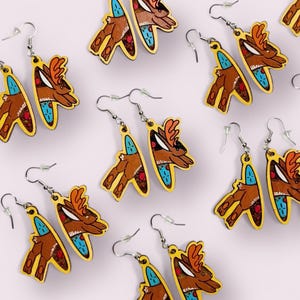 Jackalope Earrings, Tattoo Inspired Earrings, Laser Cut Earrings, Wood Earrings, Traditional Tattoo Art, Painted Wood Earrings, Tattoo Art