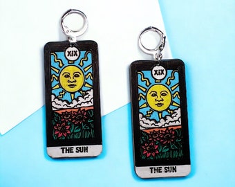 The Sun Tarot Card Earrings, Hand painted Wood Earrings, Tarot Jewelry, Laser Cut Earrings, Astrology Earrings, Celestial Earrings