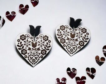 Folk Art Earrings, Wood Heart Earrings, Valentines Day Earrings, Hand Painted Earrings, Laser Cut Earrings, Statement Earrings