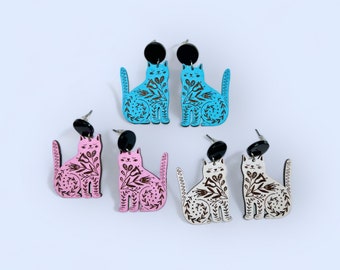 Folk Art Cat Earrings, Kitty Earrings, Animal Earrings, Laser Cut Earrings, Wood Earrings, Handmade Earrings, Painted Earrings, Cat Jewelry