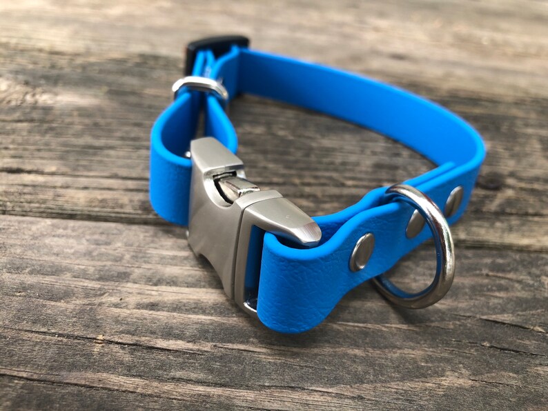 Puede incluir: Un collar para perro azul brillante con una hebilla plateada y un anillo en D plateado. El collar est&aacute; hecho de un material suave y duradero.