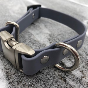 Puede incluir: Un collar de perro de goma azul lavanda con una hebilla y un anillo en D plateados.
