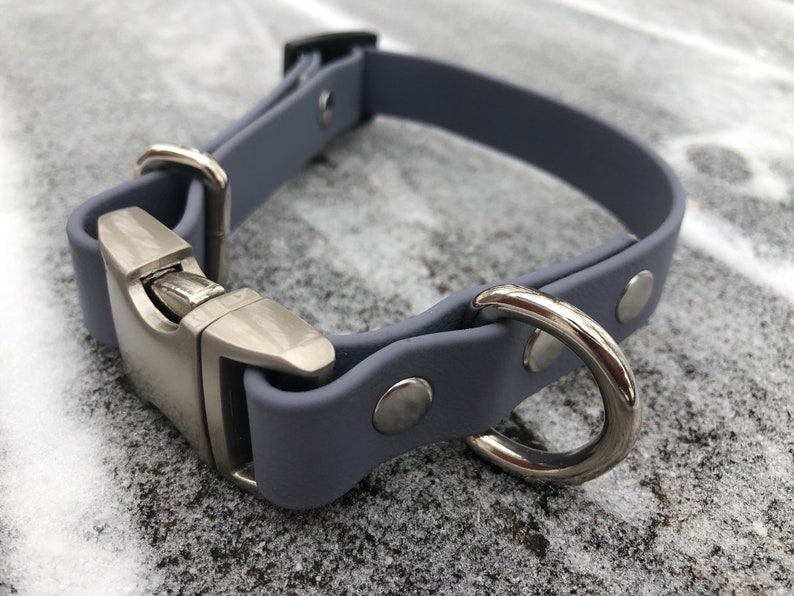 Puede incluir: Un collar de perro de goma azul lavanda con una hebilla y un anillo en D plateados.