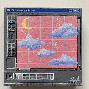 Könnte beinhalten: Ein digitales Gemälde eines Nachthimmels mit einer Mondsichel, Sternen und Wolken. Das Gemälde befindet sich in einem Retro-Computerfensterrahmen mit dem Titel "Vaporwave-Paint" und dem Text "Für Hilfe, klicken Sie auf Hilfethemen im Hilfemenü".