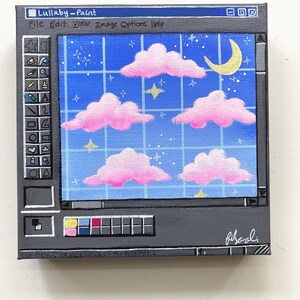 Könnte beinhalten: Ein Gemälde eines Nachthimmels mit rosa Wolken, gelben Sternen und einem Halbmond. Das Gemälde ist in einem grauen Fenster mit dem Titel "Lullaby - Paint" und den Worten "File Edit View Image Options Help" oben eingerahmt.