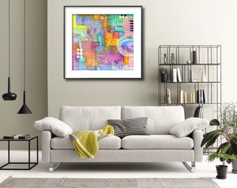 May include: A framed abstract painting with a colorful geometric design. The painting features a variety of shapes, lines, and colors, including pink, blue, green, yellow, and orange. The painting is set against a light gray wall in a living room setting.