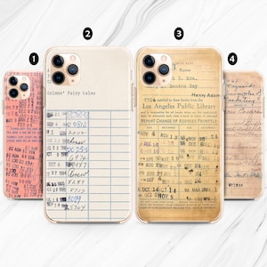 May include: Four smartphone cases with aged library card designs. Each case has a different vintage paper aesthetic with text and dates. The cases are designed to fit a smartphone and offer protection.