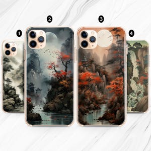 Japan Waterfall Art iPhone 16 15 14 13 12 11 case / Chinese Landscape Samsung 24 23 22 Plus Ultra FE / Watercolor China Google Pixel 9 8 7 6