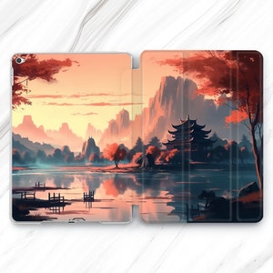 Japan Art iPad Pro 13 12.9 11 10.5 2024 Case / Watercolor Mountain iPad Mini 7 6 Air 5 4 / Chinese Town iPad 9.7 10.2 10.9 / Sunset 10th 9th