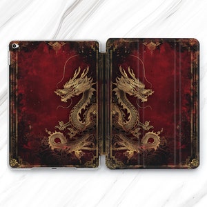May include: A red and gold iPad case with a dragon design. The case is made of a durable material and has a sleek, modern look.